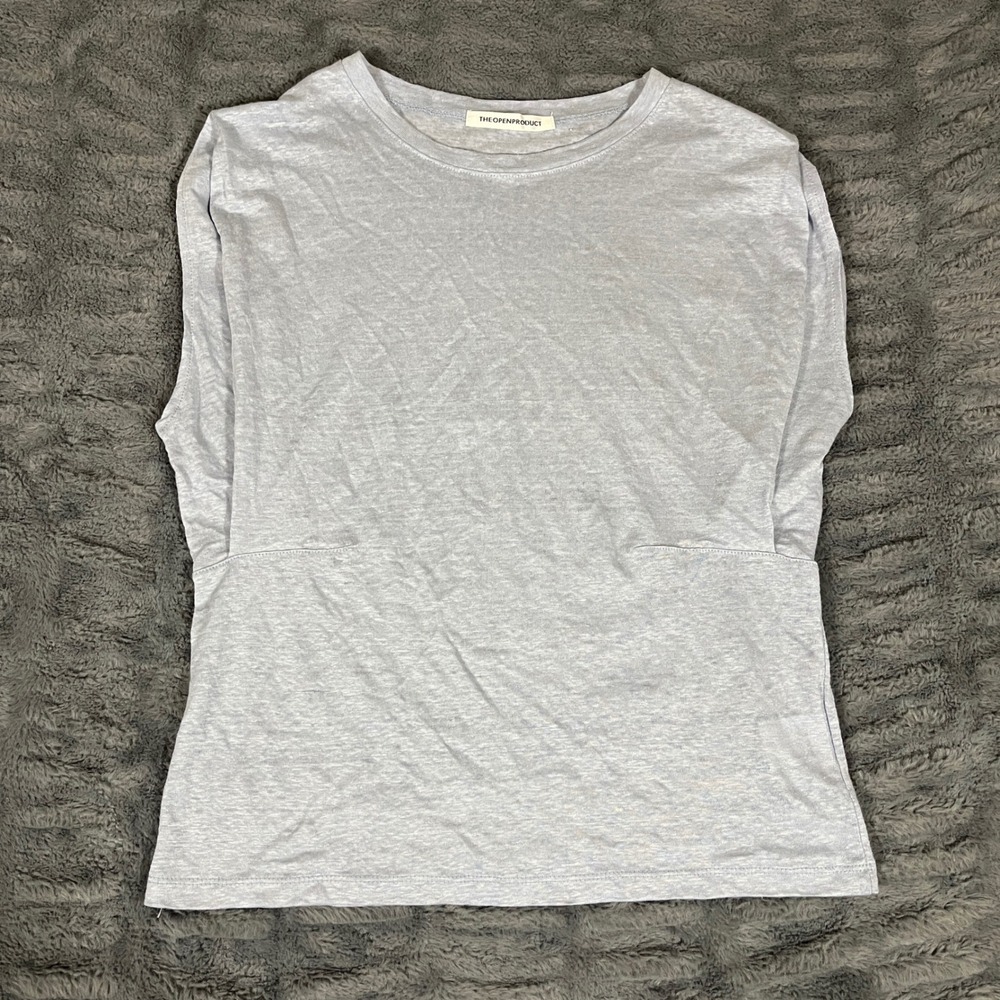 THE OPEN PRODUCT Light Blue Linen Long Sleeve Crew Neck T Shirt Top Size M